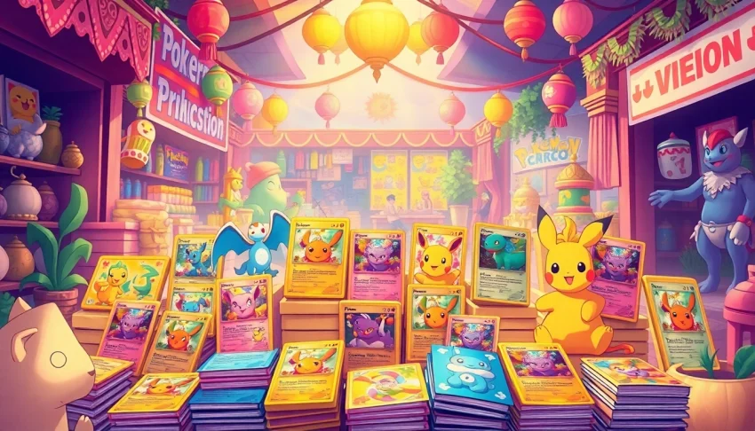 Discover an extensive range of authentic Pokemon cards India displayed in a lively market.